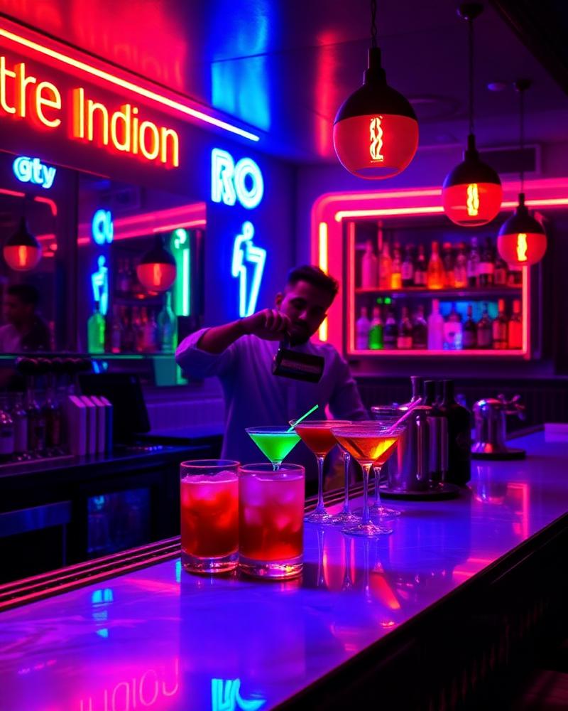 Bartender pouring a signature cocktail under neon lights