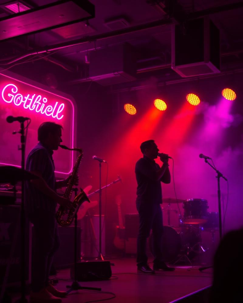 Live band performing on stage in magenta light
