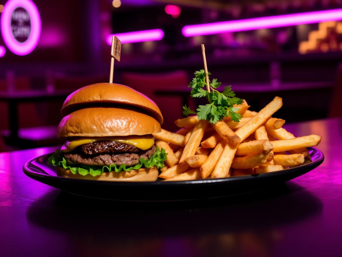 The Affair burger with truffle fries under violet neon