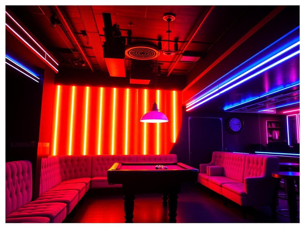 Neon-lit lounge with velvet booths and a pool table